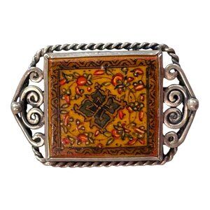 Vintage Persian Miniature Tile Hand Painted Sterling Silver Brooch Scroll Design
